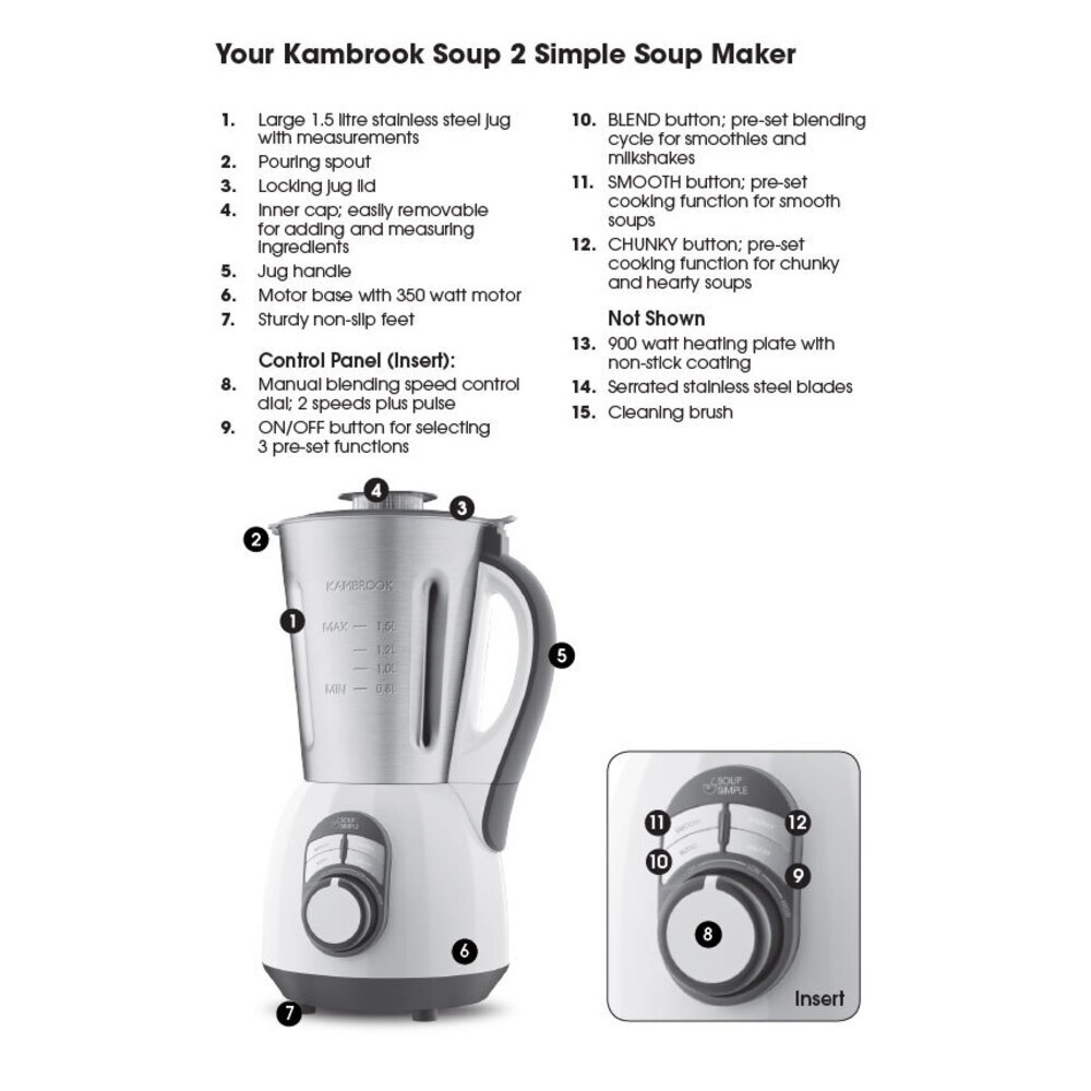 Kambrook 1.5L Stock Soup Maker Cooker & Blender Mixer Smoothies Ice