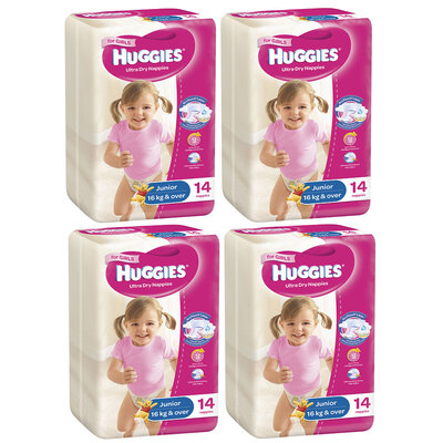56PK Huggies Junior Size 6 16kg+ Ultra Dry Nappy Pants Girls