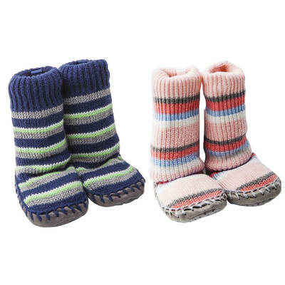 Playette Slipper Socks Boys/Girls 18-24M Navy/Pink Stripes